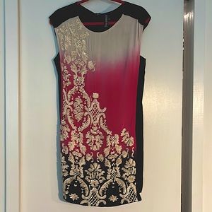 XS silk Asian inspired dress. black, cream, magenta with sequin embroidery